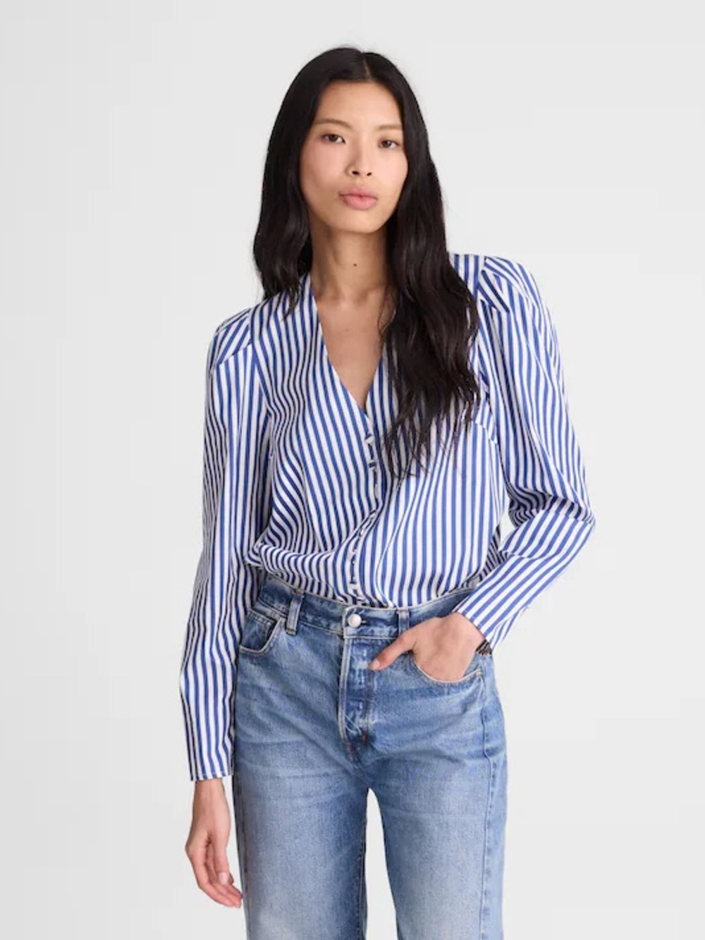NWT Madewell Stacked-Button V-Neck Poplin Shirt size M in French Blue Stripe